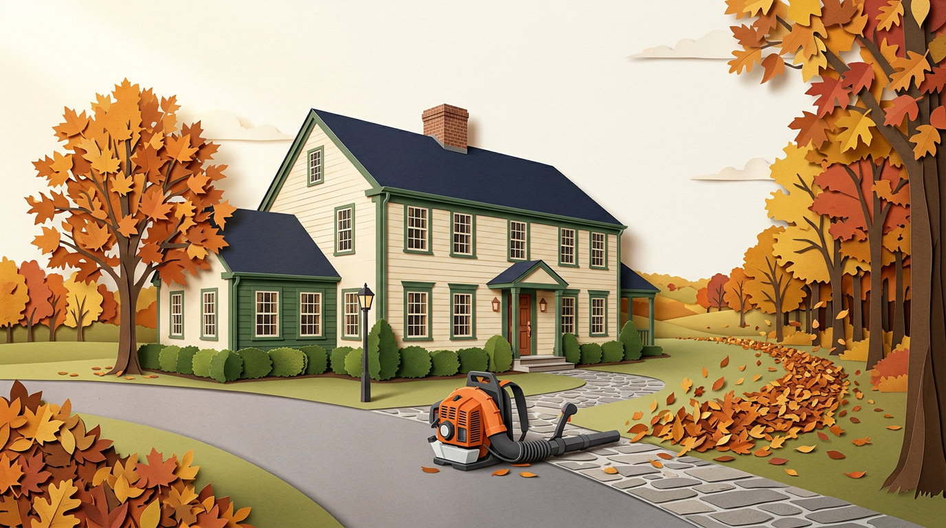Paper-cutout illustration of autumn leaves being blown clear of the front walkway