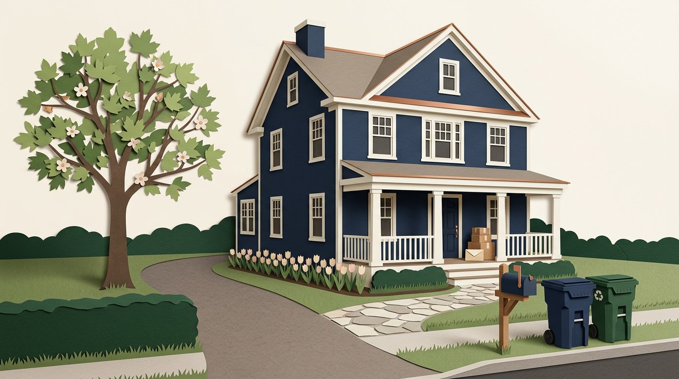 Paper-cutout illustration of curbside bins at the driveway and parcels stacked on the porch in spring