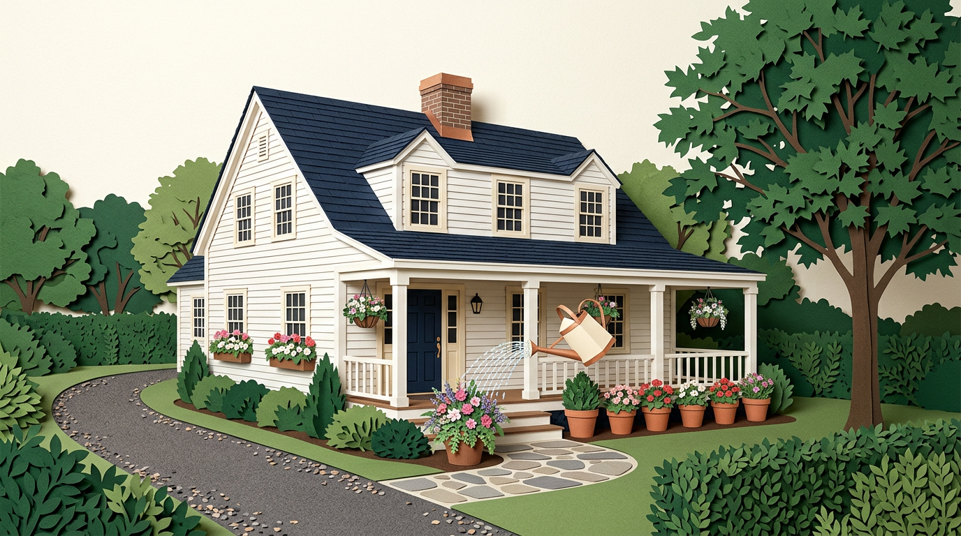 Paper-cutout illustration of porch containers and hanging baskets being hand-watered in summer