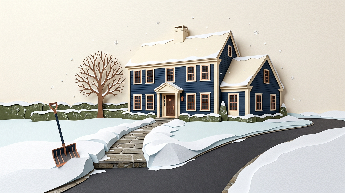 Paper-cutout illustration of a front walkway shoveled clear of snow in winter
